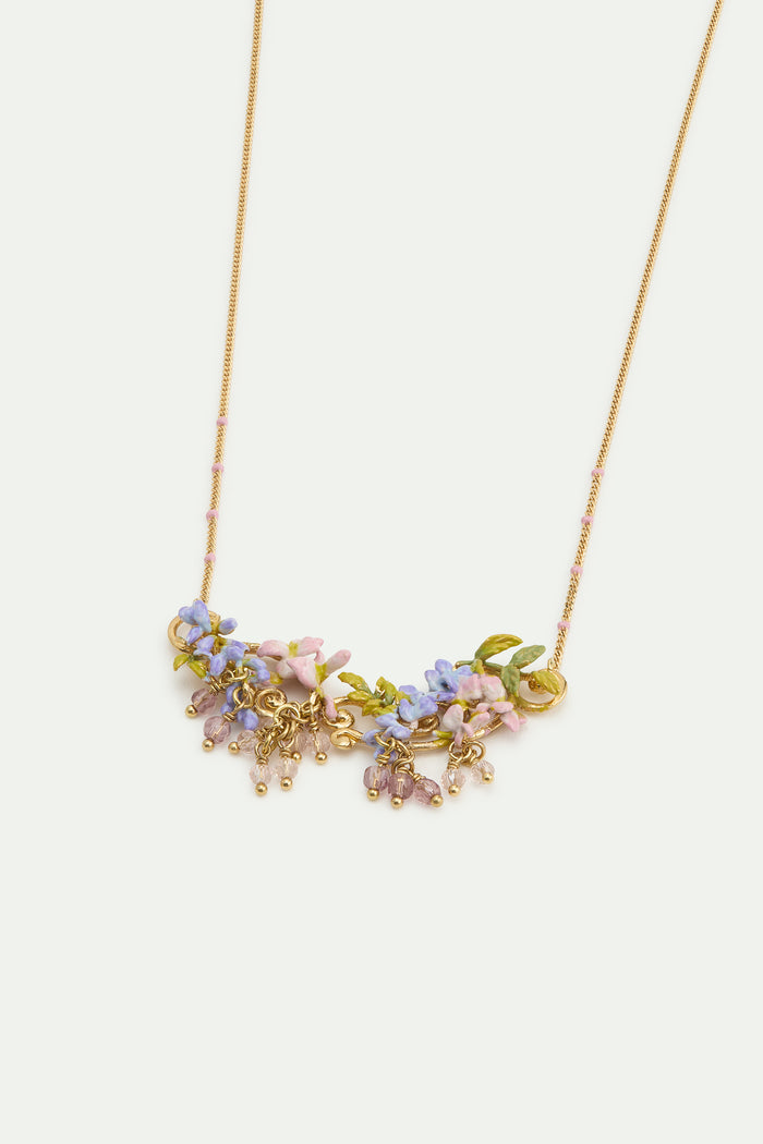 Les Néréides Statement Necklace With Pink And Purple Wisteria On A Golden Arabesque Adorned With Ivy And Dangling Faceted Pink And White Crystal Beads - Multicolor