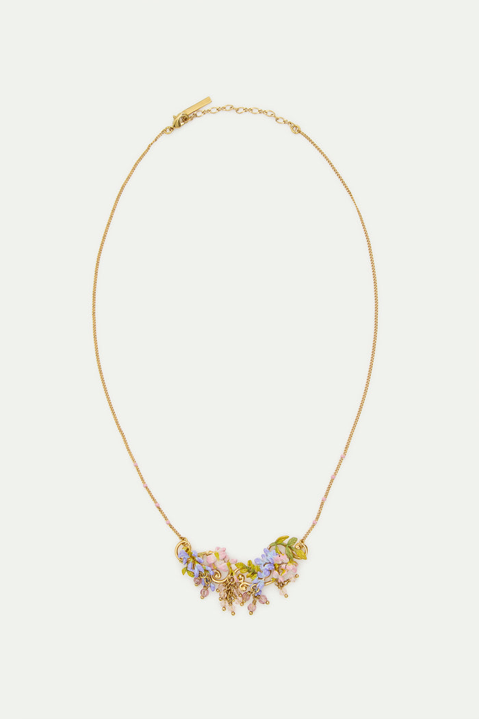 Les Néréides Statement Necklace With Pink And Purple Wisteria On A Golden Arabesque Adorned With Ivy And Dangling Faceted Pink And White Crystal Beads - Multicolor