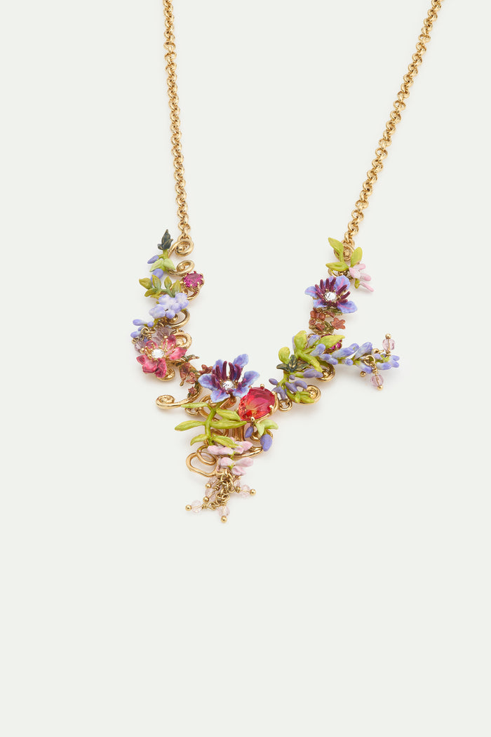Les Néréides Statement Necklace With Pink And Purple Wisteria On A Golden Arabesque Adorned With Ivy And Dangling Faceted Pink Crystal Beads - Multicolor