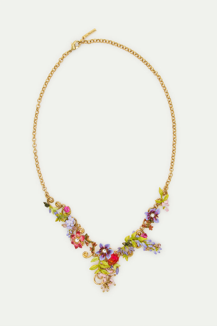 Les Néréides Statement Necklace With Pink And Purple Wisteria On A Golden Arabesque Adorned With Ivy And Dangling Faceted Pink Crystal Beads - Multicolor