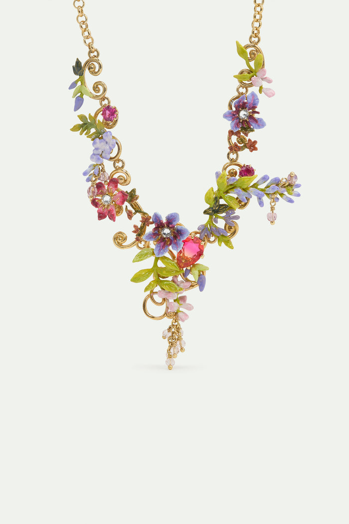 les néréides Statement Necklace with Pink and Purple Wisteria on a Golden Arabesque Adorned with Ivy and Dangling Faceted Pink Crystal Beads - Multicolor