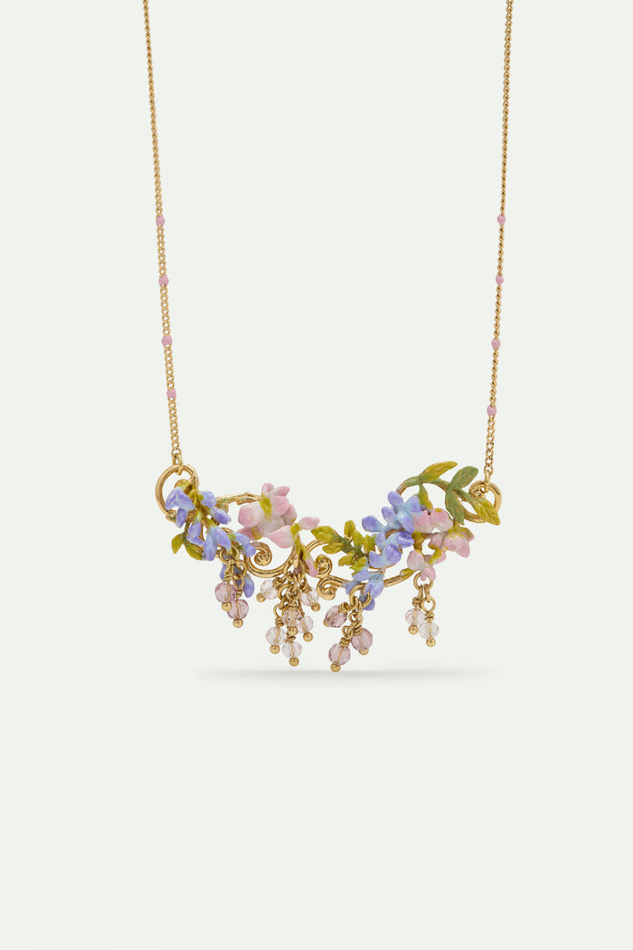 les néréides Statement Necklace with Pink and Purple Wisteria on a Golden Arabesque Adorned with Ivy and Dangling Faceted Pink and White Crystal Beads - Multicolor