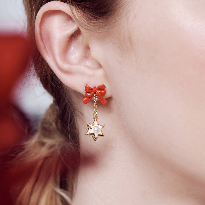 Les Néréides The Nutcracker Heart And Star Biscuits And Red Bow Clip-On Earrings - Multi