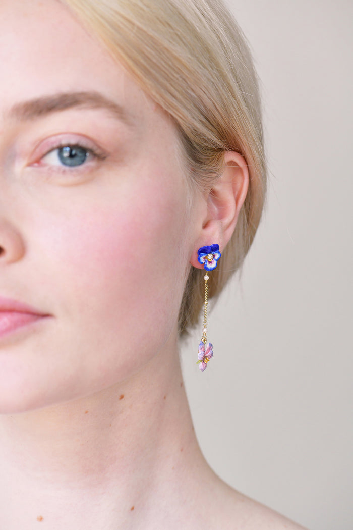 Les Néréides Thousand Pansies And Freshwater Pearls Stud Pendant Earrings - Blue