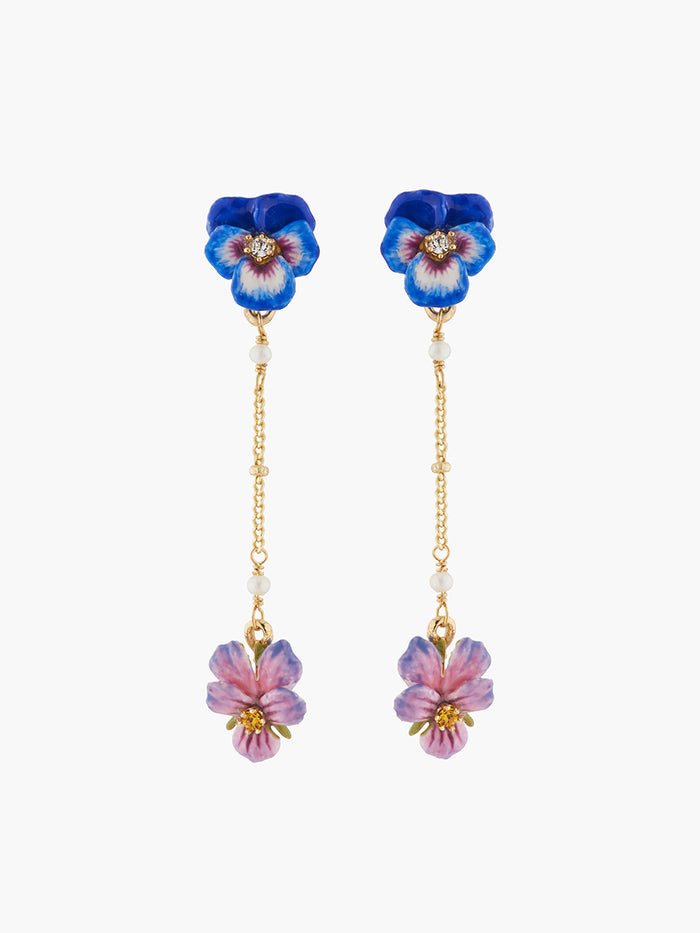 les néréides Thousand Pansies and freshwater pearls stud pendant earrings - Blue