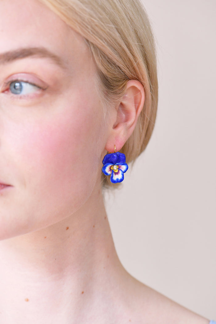 Les Néréides Thousand Pansies Blue Pansy And Faceted Crystal Clip-On Earrings - Blue