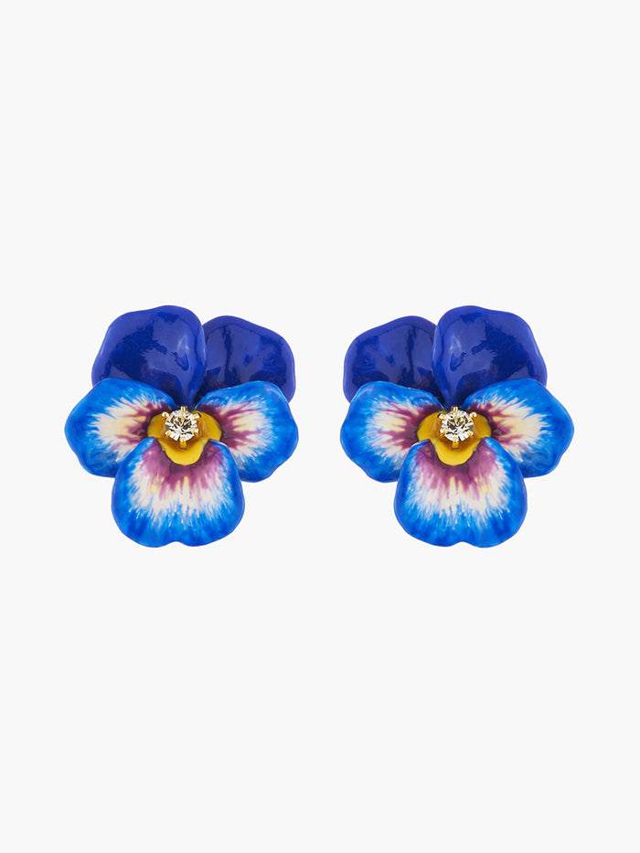 les néréides Thousand Pansies Blue Pansy and Faceted Crystal Clip-On Earrings - Blue