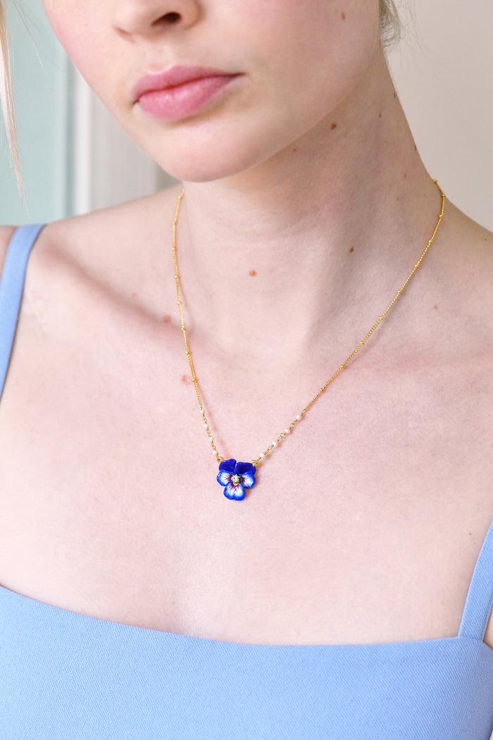 Les Néréides Thousand Pansies Blue Pansy And Faceted Crystal Pendant Necklace - Blue