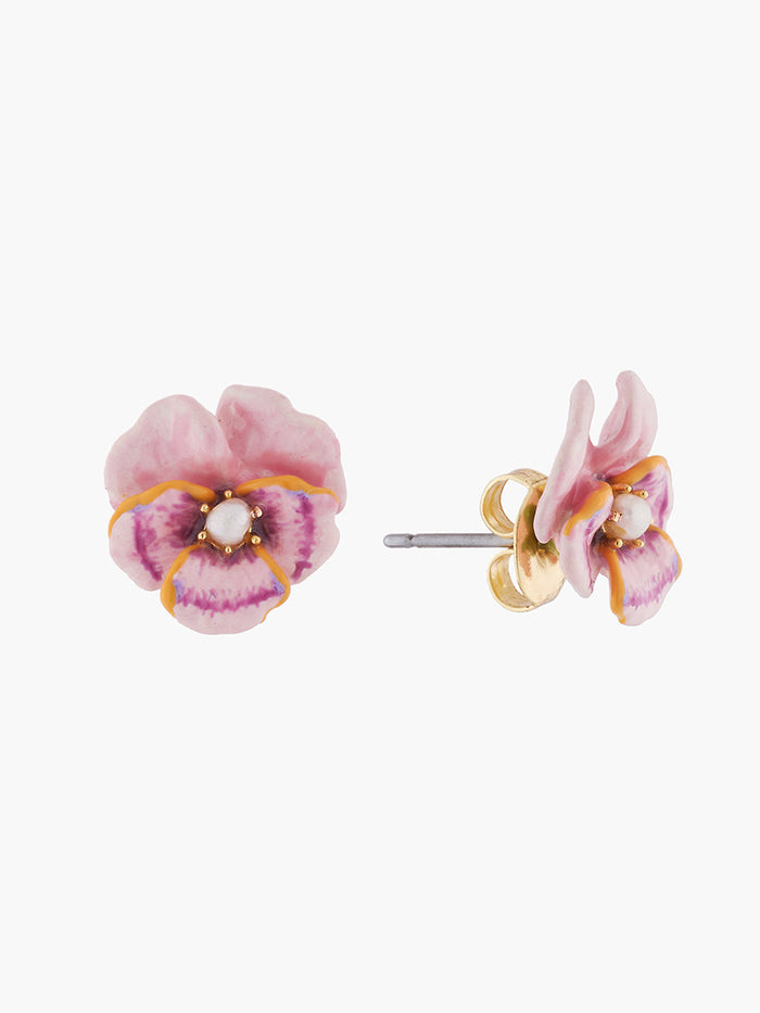 Les Néréides Thousand Pansies Pink Pansy And Freshwater Pearl Stud Earrings - Pink