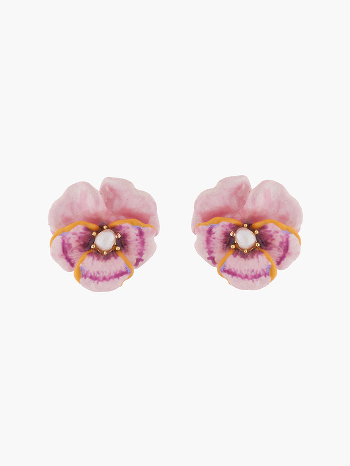 les néréides Thousand Pansies Pink pansy and freshwater pearl stud earrings - Pink