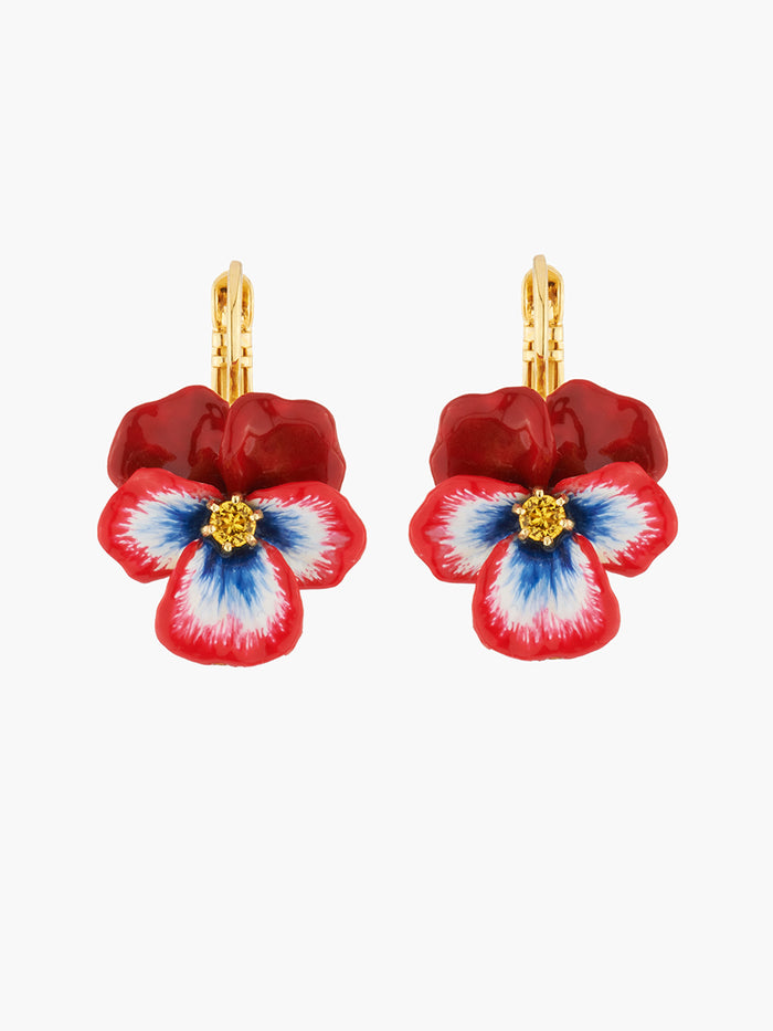 les néréides Thousand Pansies Red pansy and faceted crystal dormeuses earrings - Red
