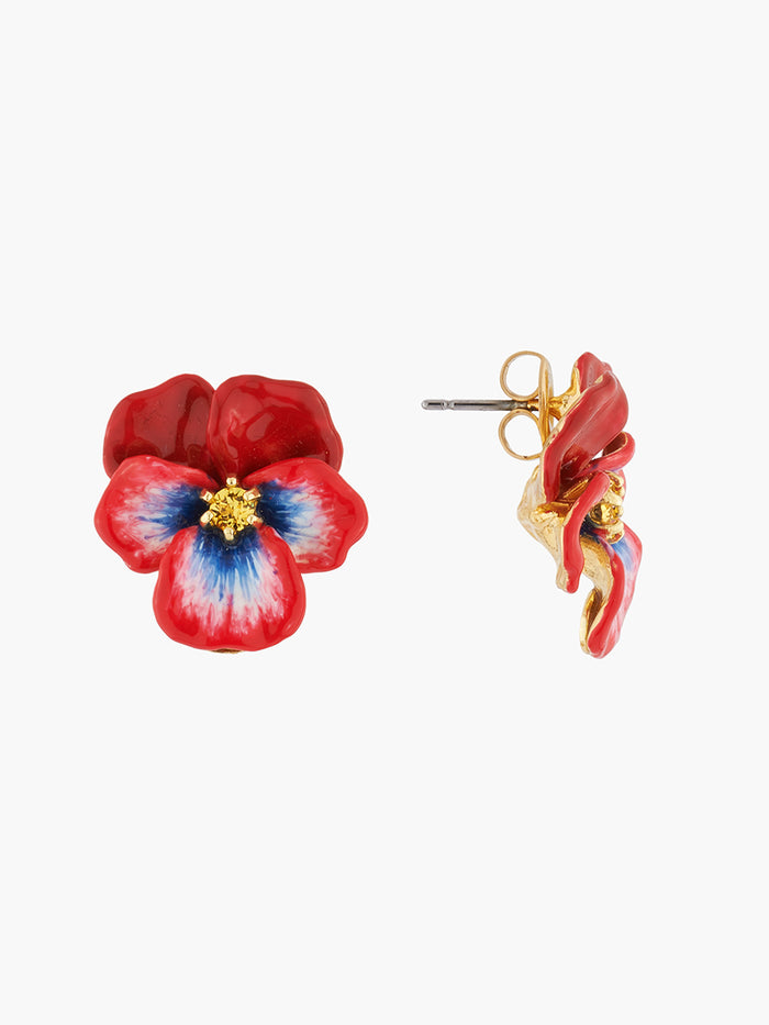 Les Néréides Thousand Pansies Red Pansy And Faceted Crystal Post Earrings - Red