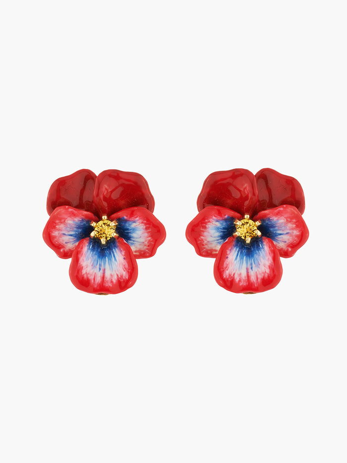 les néréides Thousand Pansies Red Pansy and Faceted Crystal Post Earrings - Red