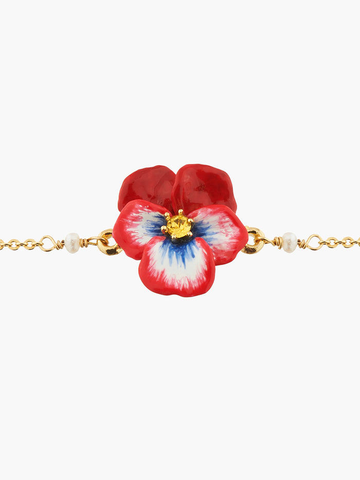 Les Néréides Thousand Pansies Red Pansy And Faceted Crystal Thin Link Chain Bracelet - Red