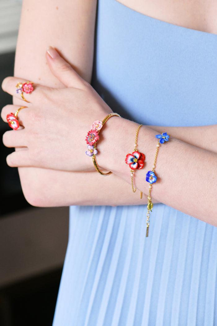 Les Néréides Thousand Pansies Red Pansy And Faceted Crystal Thin Link Chain Bracelet - Red