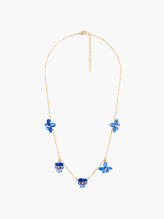 Les Néréides Thousand Pansies Violet Pansy And Golden Beads Thin Necklace - Blue