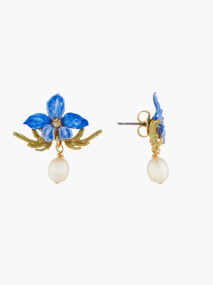 Les Néréides Thousand Pansies Violette And Freshwater Baroque Pearl Post Earrings - Blue