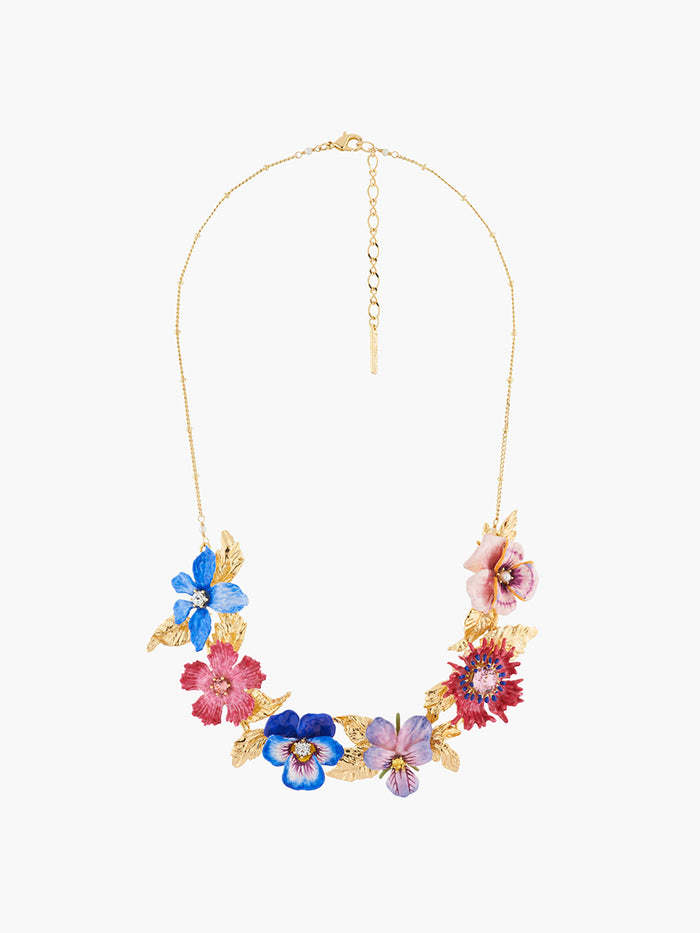 Les Néréides Thousand Pansies Winter's Flower And Golden Leaves Collar Necklace - Multicolor