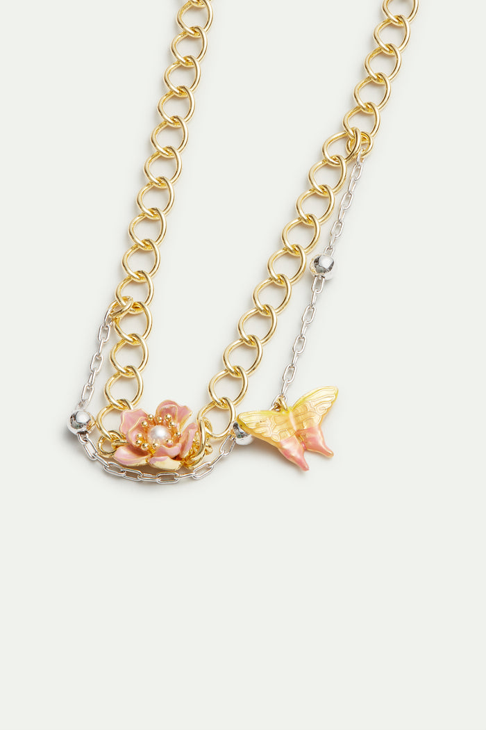 Les Néréides Two-Tone Double Chain Magnolia Flower And Butterfly Bracelet - Multicolor