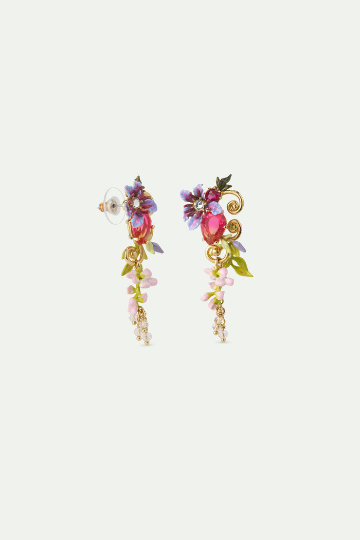 Les Néréides Two-Tone Faceted Glass Dangle Post Earrings Pink Wisteria On A Golden Arabesque Faceted Crystal Bead And Ivy - Multicolor