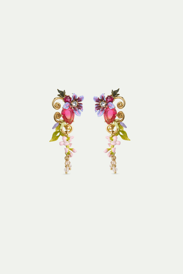 les néréides Two-Tone Faceted Glass Dangle Post Earrings Pink Wisteria on a Golden Arabesque Faceted Crystal Bead and Ivy - Multicolor