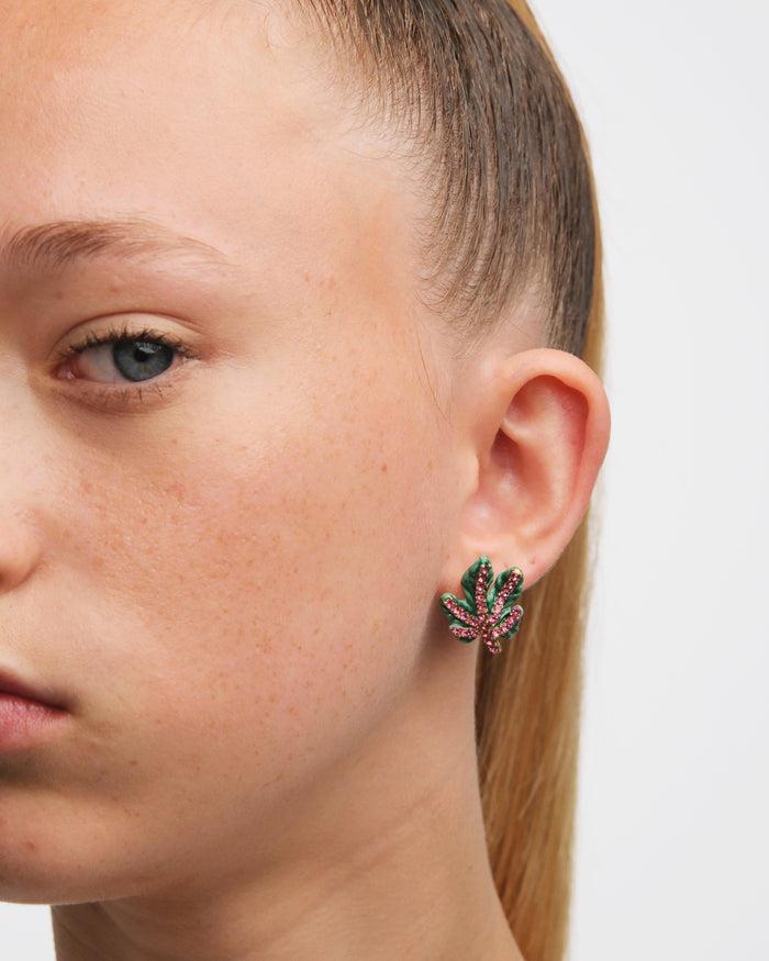 Les Néréides Vine Leaf And Faceted Crystal Post Earrings - Multicolor