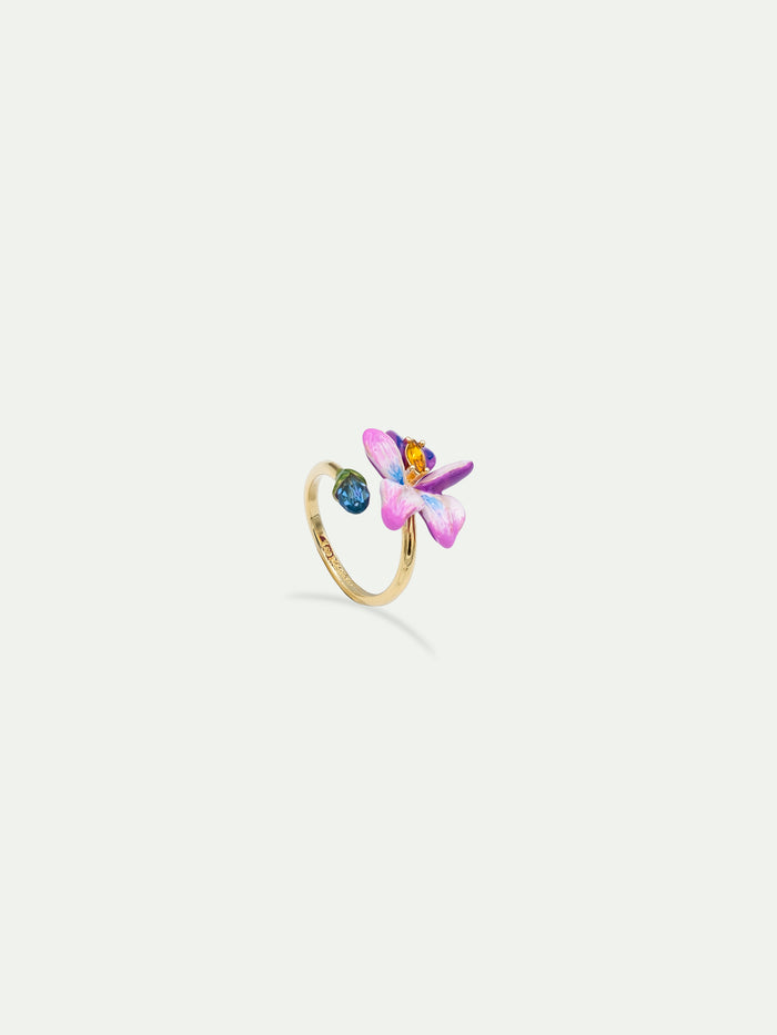 les néréides Violet Flower and Blue Cut Stone Adjustable Ring - Multicolor