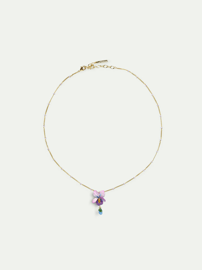 Les Néréides Violet Flower And Hanging Blue Stone Beaded Chain Pendant Necklace - Multicolor