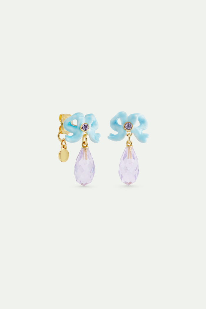 Les Néréides Wedding Post Earrings With Blue Ribbon And Dangling Purple Cut Stone - Multicolor