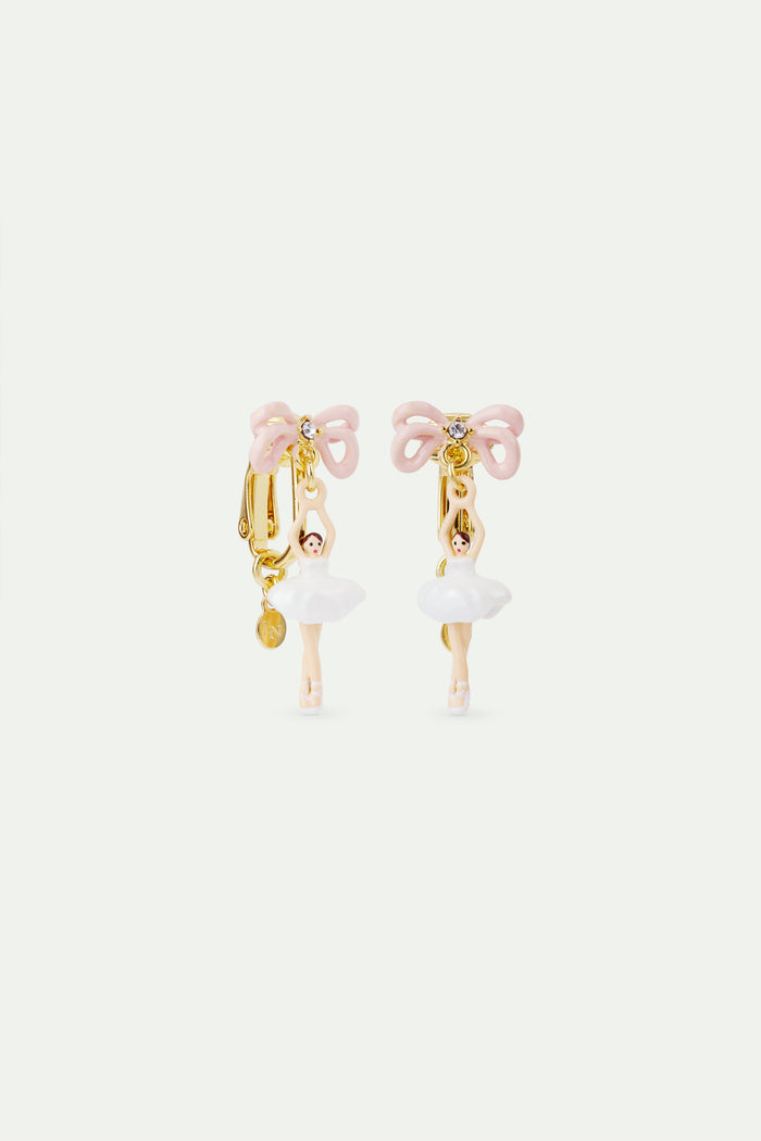 Les Néréides White Tutu And Pink Bow Mini Ballerina Clip-On Earrings - White
