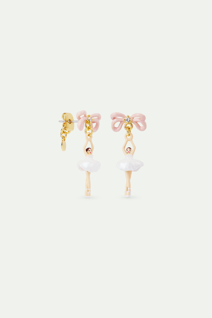 Les Néréides White Tutu And Pink Bow Mini Ballerina Post Earrings - White