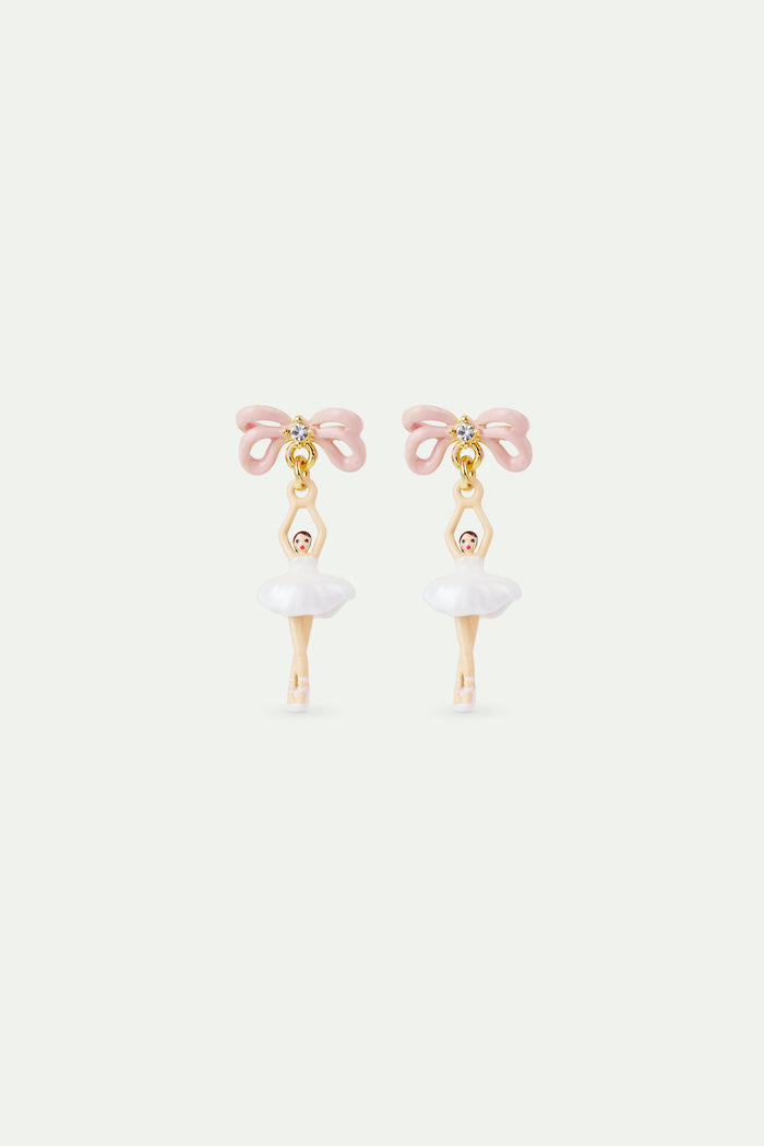 les néréides White Tutu and Pink Bow Mini Ballerina Post Earrings - White