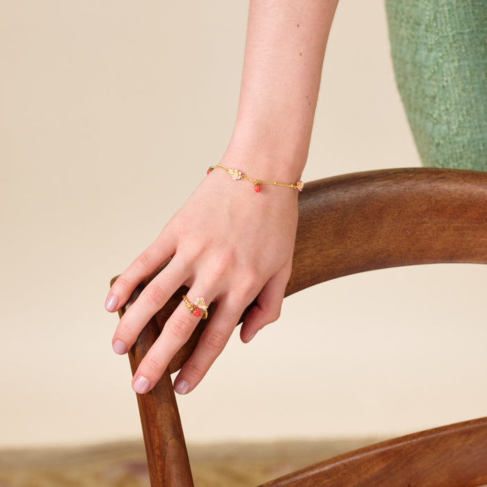 Les Néréides Wild Strawberry And Pink Flower Adjustable Ring - Multicolor