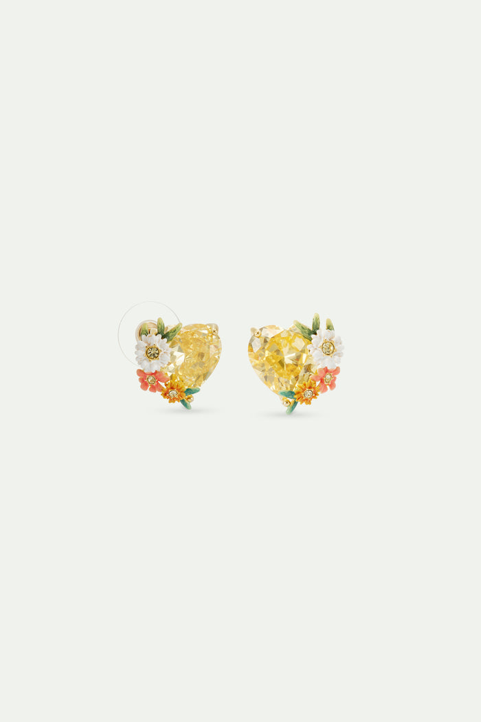 Les Néréides Yellow Heart Zinnias And Daisies Post Earrings - Multicolor
