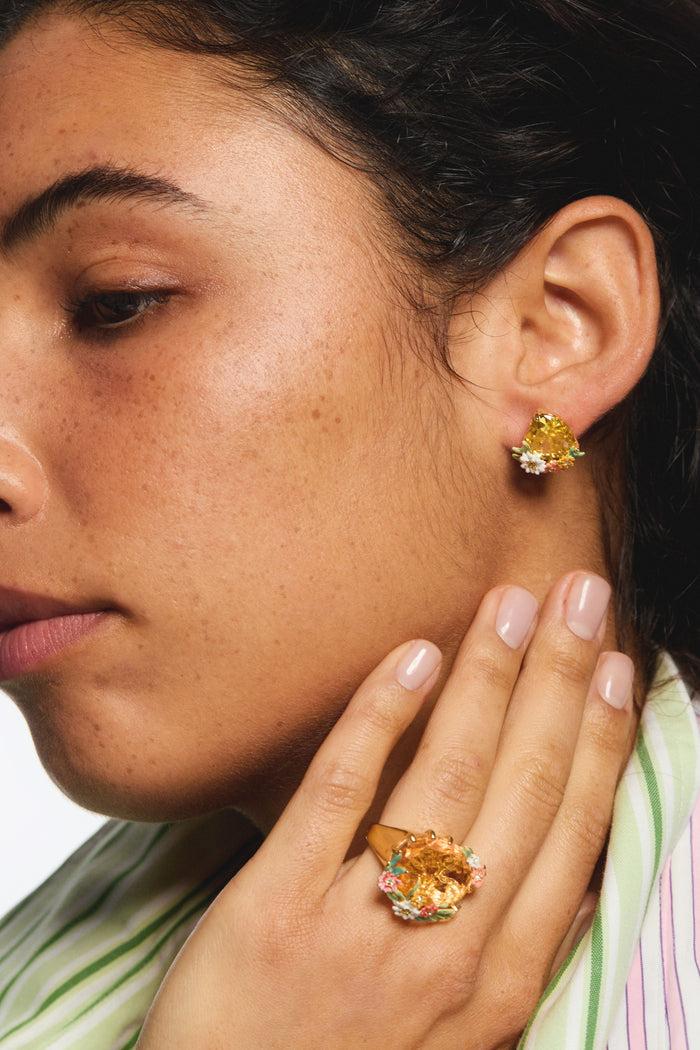 Les Néréides Yellow Heart Zinnias And Daisies Post Earrings - Multicolor