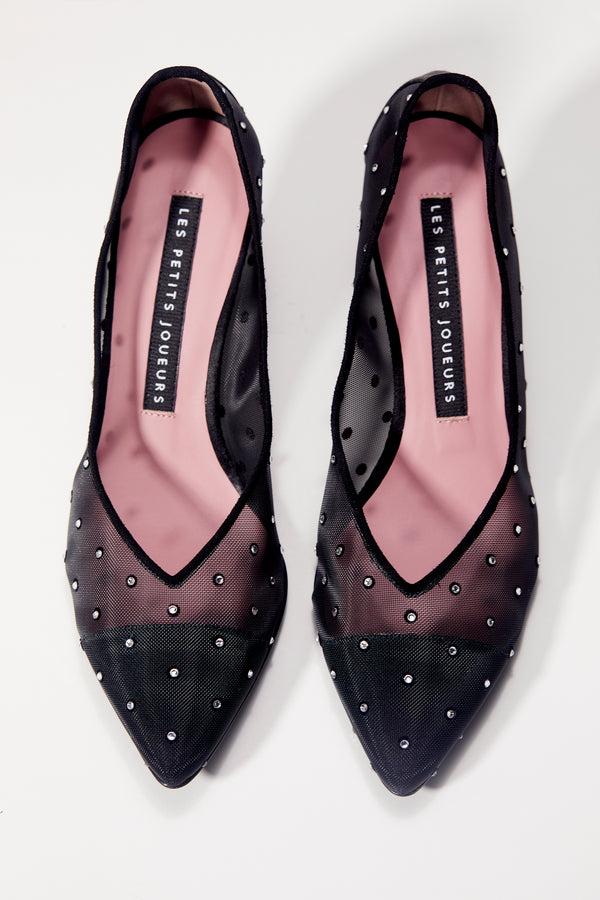 Les Petits Joueurs Black Mesh Fresia Crystal Pumps