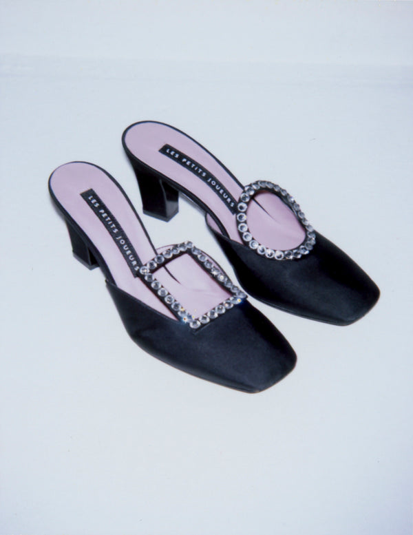 Les Petits Joueurs Black Satin Aster Mule