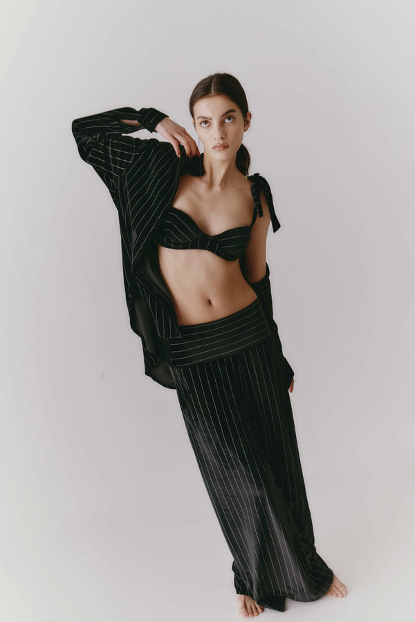 Leslie Amon City Jama Velvet Pinstrip Shirt - Black