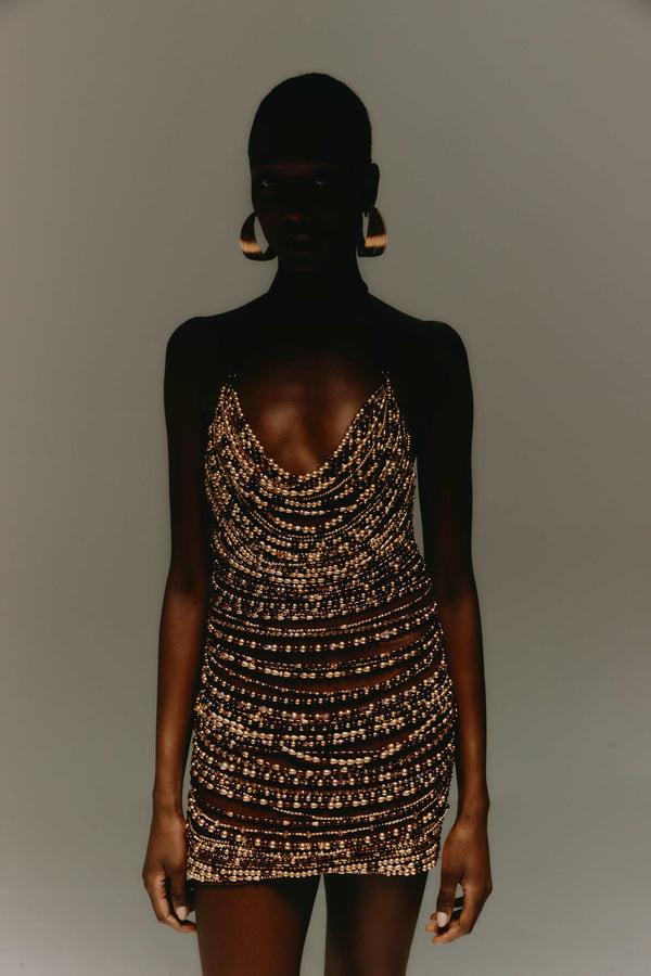 Leslie Amon Floating Pearl Mini Dress - Brown