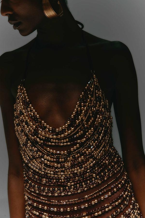 Leslie Amon Floating Pearl Mini Dress - Brown