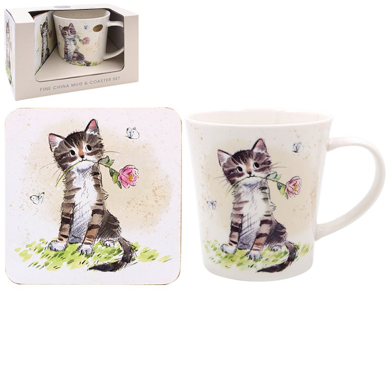 lesser & pavey CAT WITH ROSE MUG & COASTER LP96444