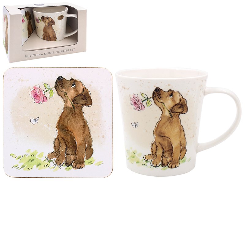lesser & pavey DOG WITH ROSE MUG & COASTER LP96446
