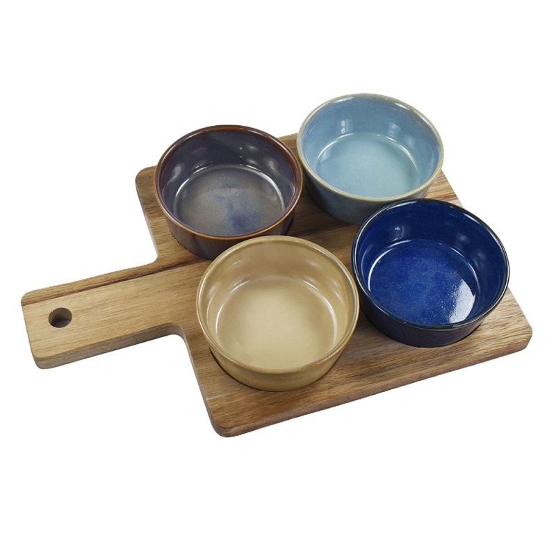 Lesser & Pavey SNACK DISHES & WOOD TRAY S4 LP72836