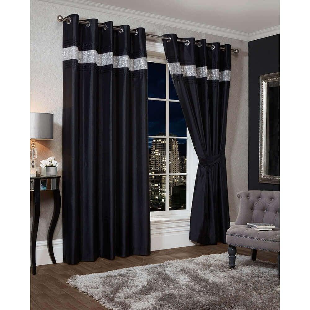 lewis's Cannes Faux Silk Pintuck Embellished Eyelet Curtains - Black
