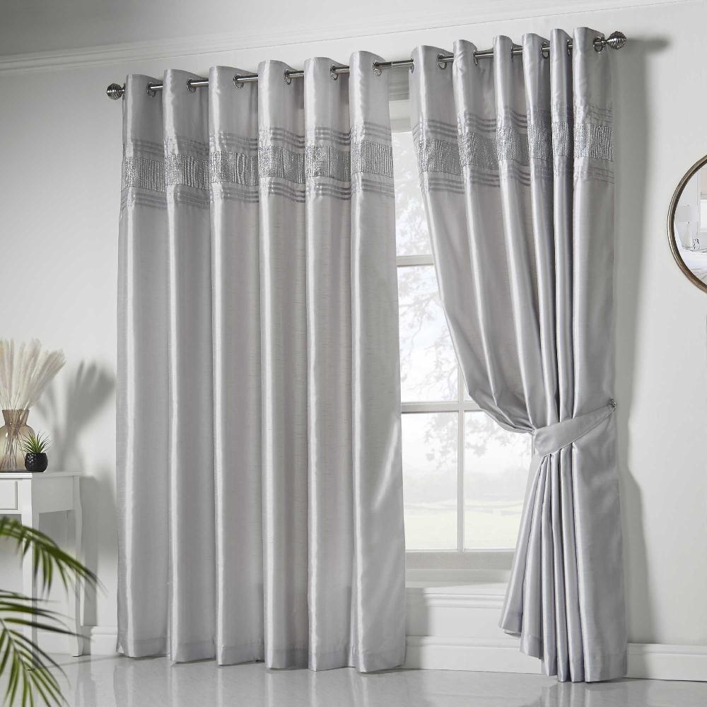 lewis's Cannes Faux Silk Pintuck Embellished Eyelet Curtains - Silver