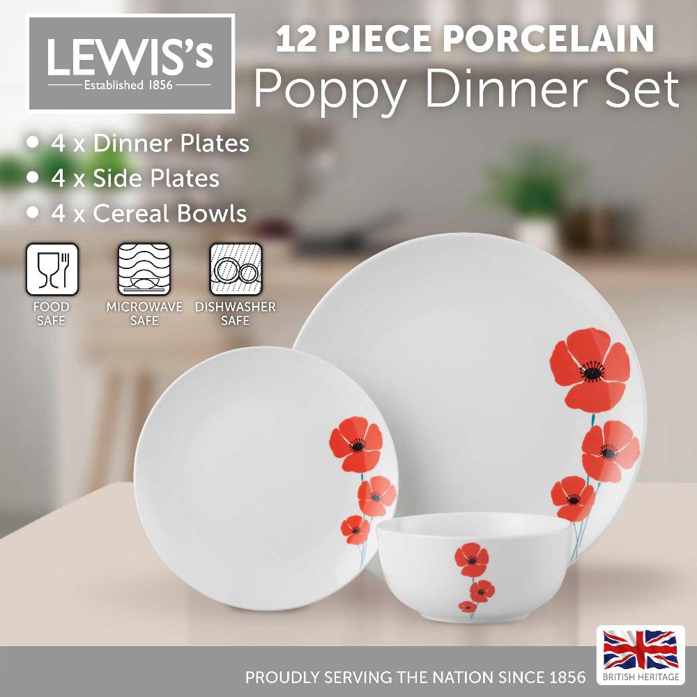 Lewis's Lewis's 12 Piece Dinner Set Poppy