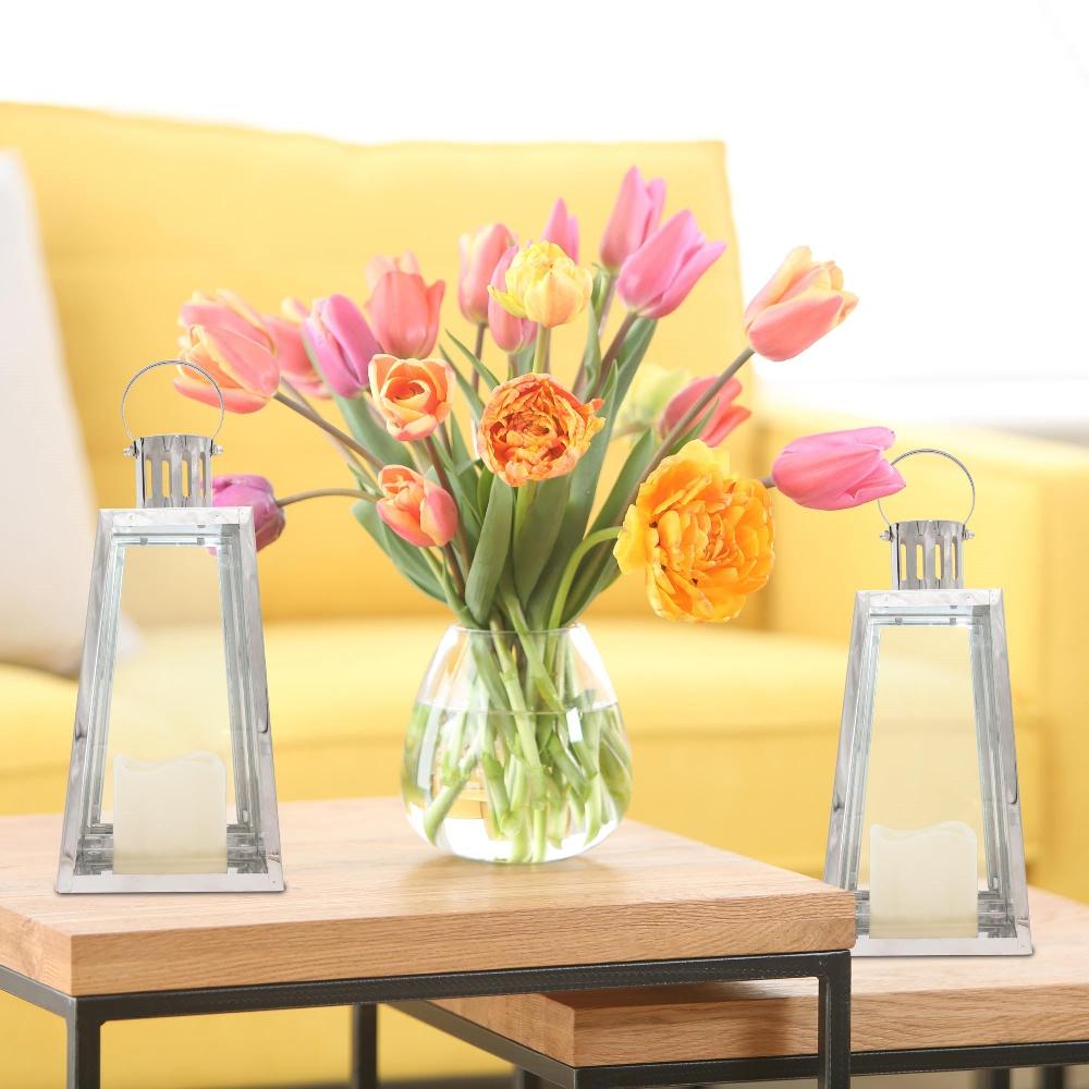 Lewis's Lewis's Triangular Lanterns Candle Holders With Candles Set Of 2 Large- 14.5x13.5x28.5cm