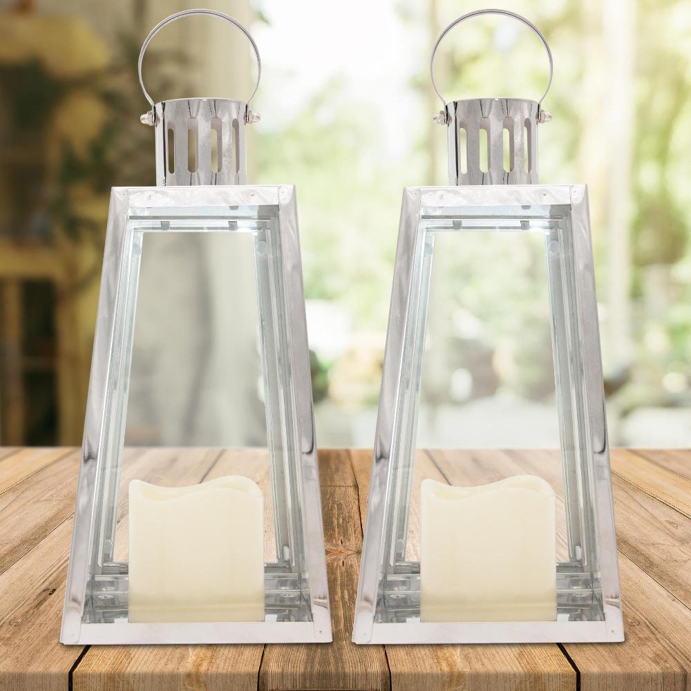 Lewis's Lewis's Triangular Lanterns Candle Holders With Candles Set Of 2 Large- 14.5x13.5x28.5cm