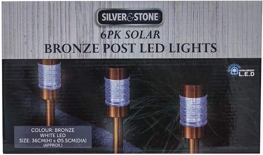 Lewis's Silver & Stone Solar Powered Bronze Copper Post Lights Pack Of 6 With White LEDs