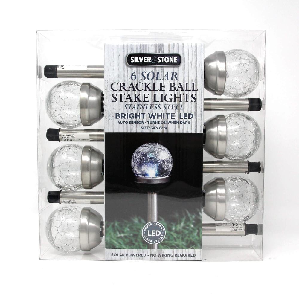 lewis's Silver & Stone Solar Powered Crackle Ball Stake Light Pack Of 6 with White LEDs